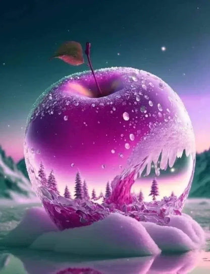Pomme rose décorative, surface scintillante, sapins et neige en relief