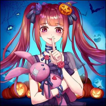 Illustration manga Halloween : fille anime aux nœuds, citrouilles et accessoires décoratifs